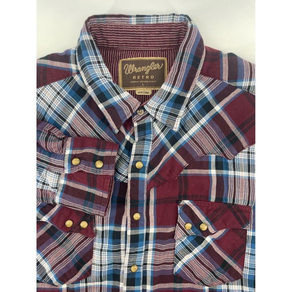Wrangler Retro Western Shirt Mens Lg Burgundy Plaid Pearl Snap Lined Flannel